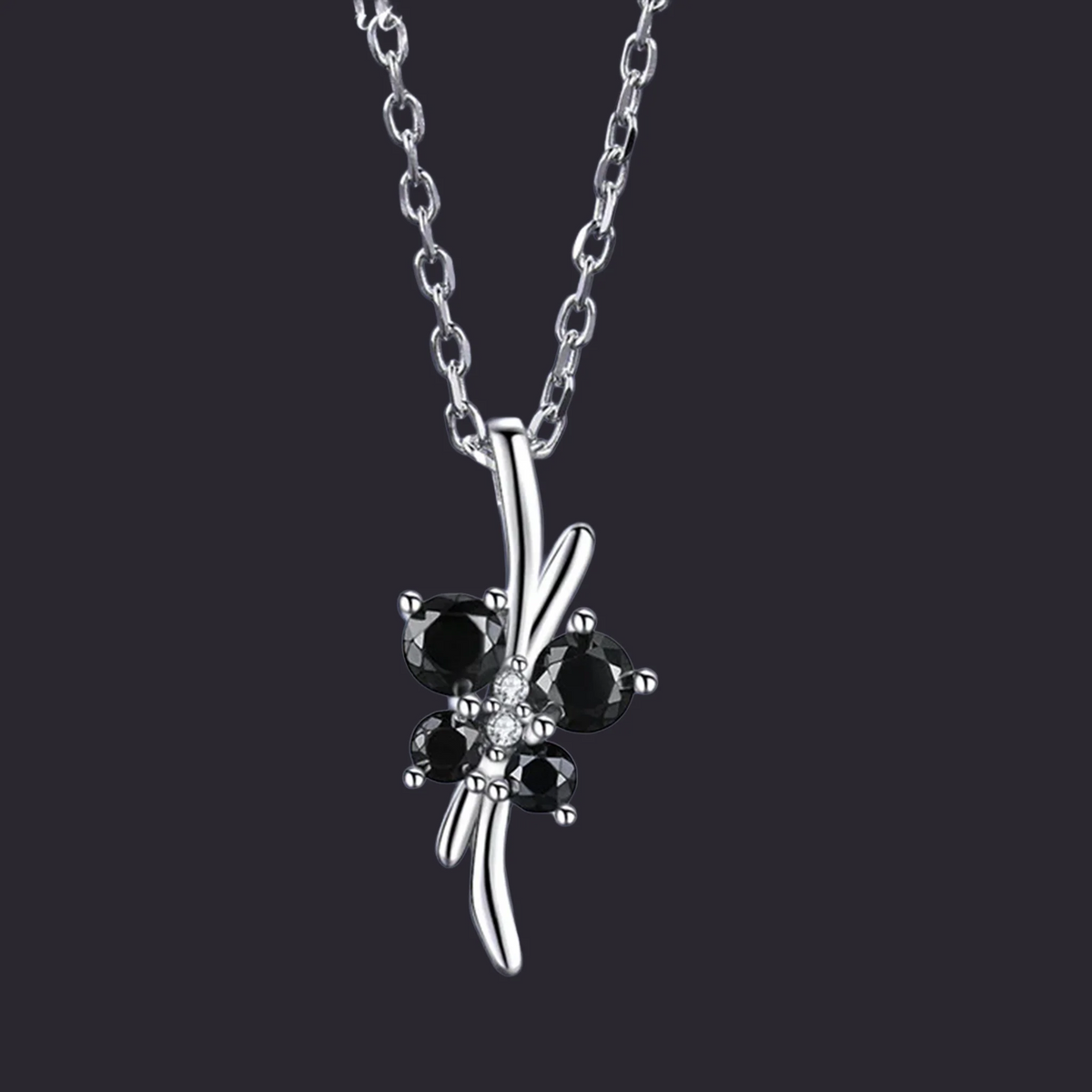 Black Zircon Floral Pendant Necklace 925 Silver