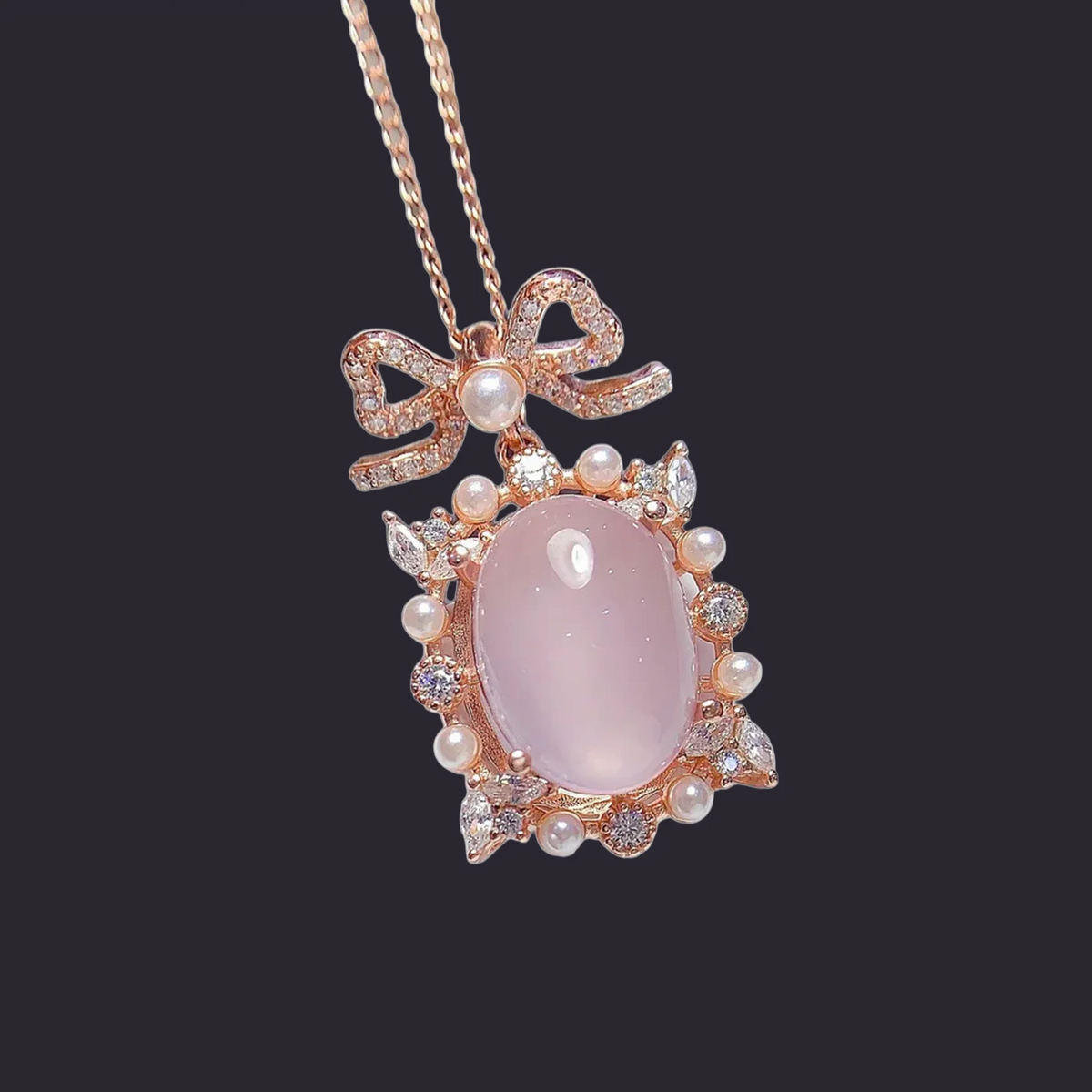 Rose Quartz Pearl Halo Pendant Rose Gold