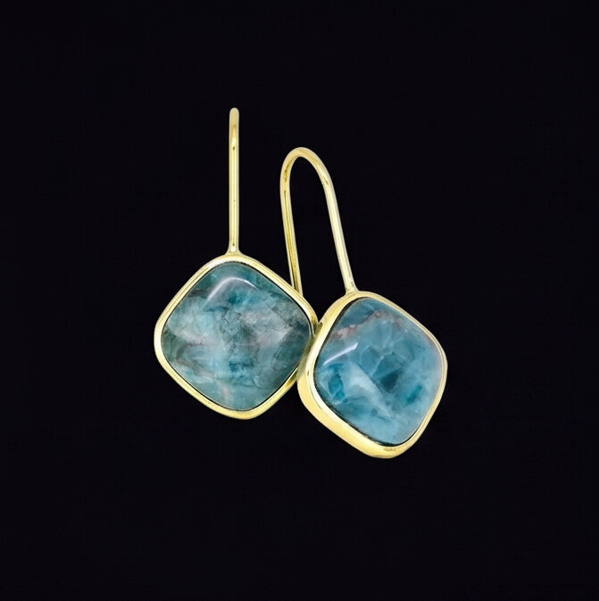 Blue Apatite Square Drop Earrings Gold