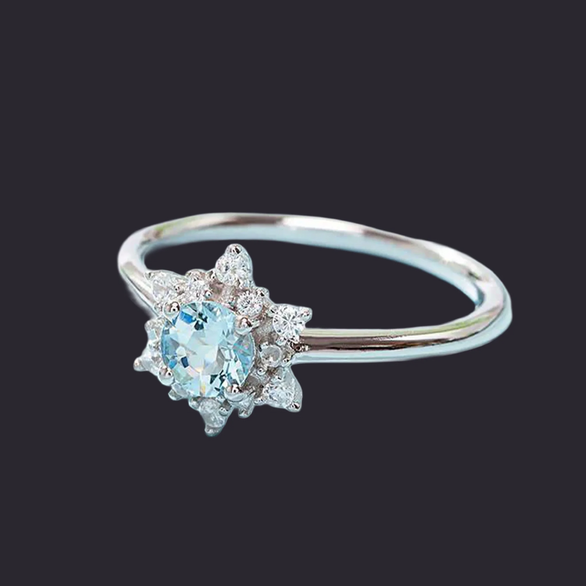 Aquamarine Snowflake Ring Silver Plated