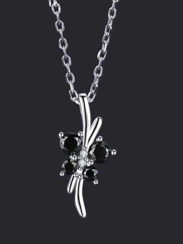 Black Zircon Floral Pendant Necklace 925 Silver