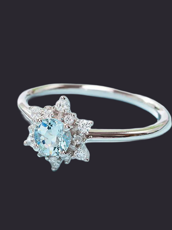 Aquamarine Snowflake Ring Silver Plated